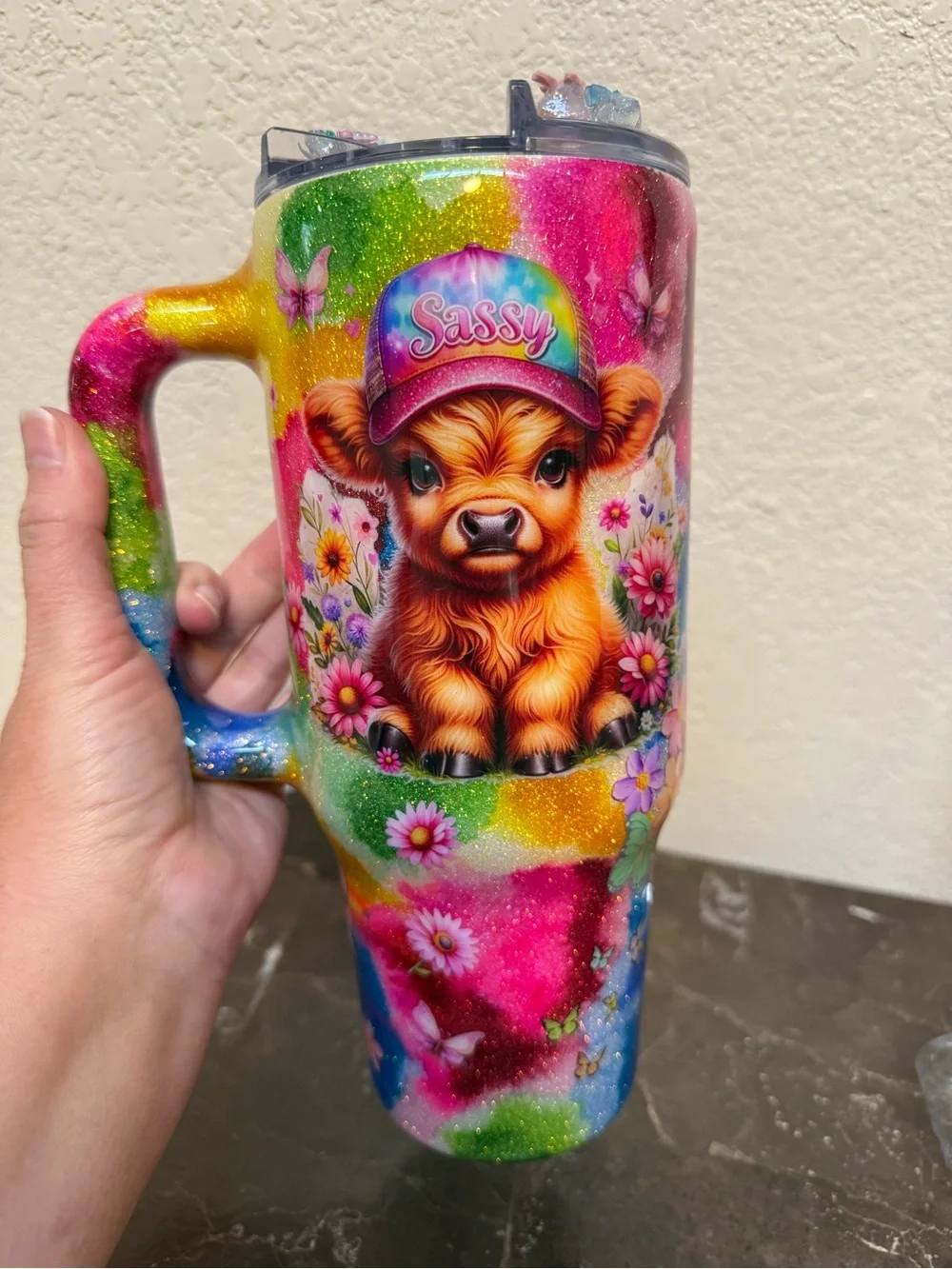 Sassy Cow Colorful Glitter Tumbler Cup 40 oz with Handle Handmade